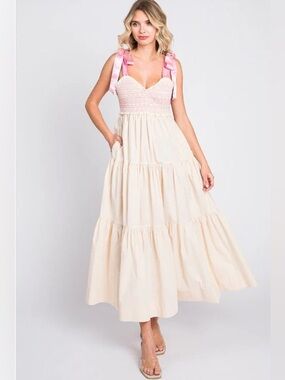 Lovelo Cream and Pink Smocked Tiered Maxi Dress with Bow Straps